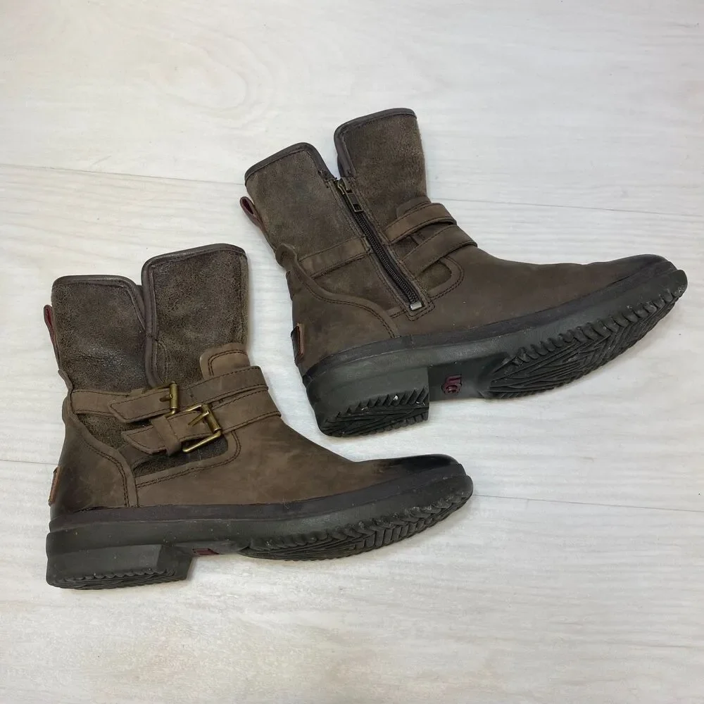 UGG Simmens Biker Boots Women's Size 6.5 Brown Leather Waterproof‎ Buckle Straps
